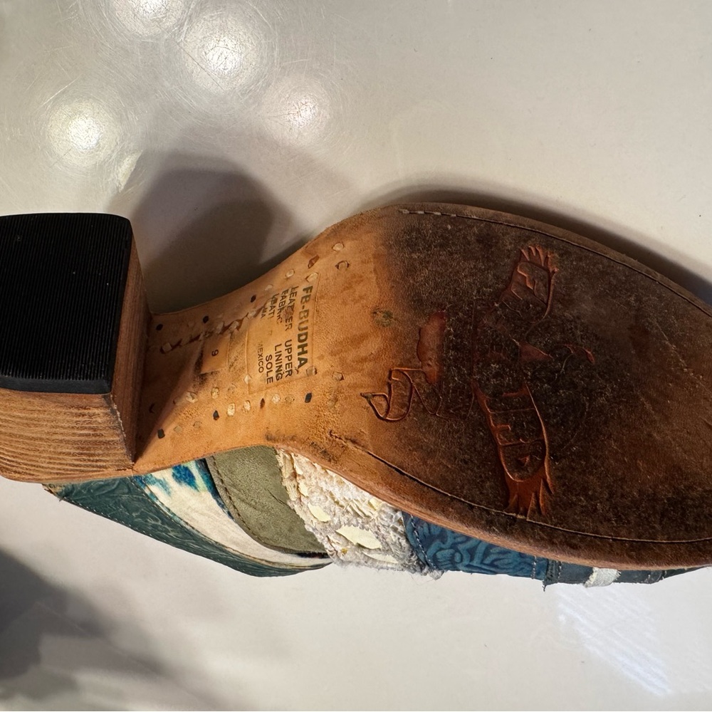 freebird Teal and Olive Embossed Leather Boho Open-Toe Mules - Picture 4 of 9
